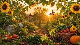 Golden Hour Vegetable and Sunflower Garden