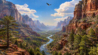 Mountain Canyon River Valley with Eagle